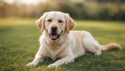 Lying yellow Labrador retriever stretching on park lawn, with blurred trees and golden sunlight
