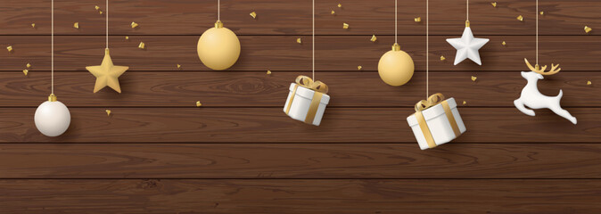 3D Christmas ornaments gold and white colors hanging with confetti on wooden background graphic illustration have blank space.