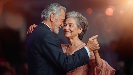 Dancing senior couple embracing at ballroom, featuring suit jacket, evening gown, ambient lights