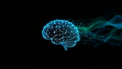 Fototapeta premium Floating neon digital wireframe brain emitting greenish-blue particles in virtual space with nodes