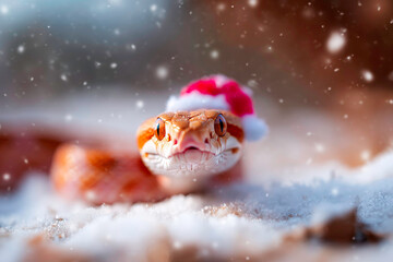 Adorable Copperhead wearing festive Santa hat sitting in snowy yard