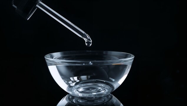Releasing droplet from dropper pipette into clear glass bowl in studio, with reflecting surface