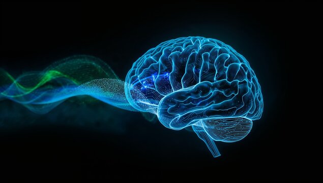Floating wireframe brain with glowing neural nodes in dark virtual space, streaming colorful data - Powered by Adobe