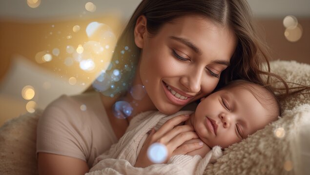 Cradling mother holding sleeping baby in cozy sofa area, with knitted swaddle and fairy lights - Powered by Adobe