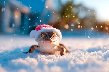 Adorable Crocodile wearing festive Santa hat sitting in snowy yard