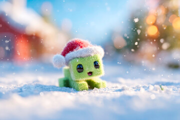 Adorable Creeper wearing festive Santa hat sitting in snowy yard