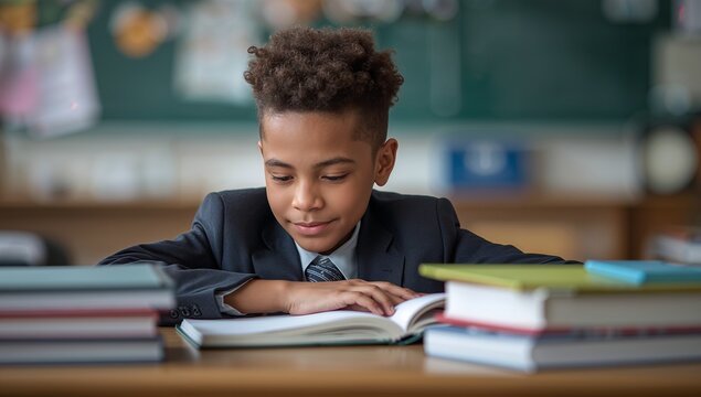 Reading student wearing uniform sitting at wooden desk in classroom with open book and textbooks - Powered by Adobe