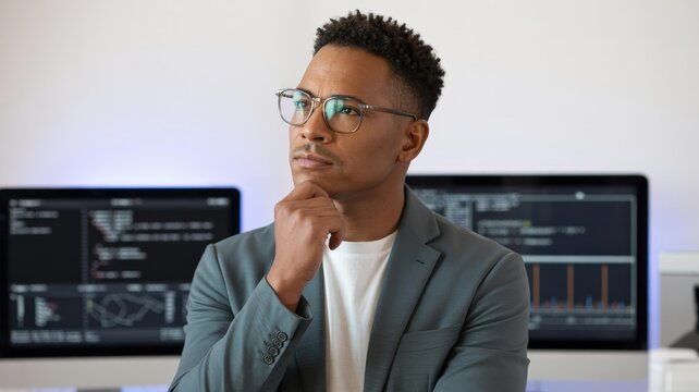 Thoughtful Young African American Tech Leader Headshot — Hand-on-Chin, Blurred Code & Analytics, White Background, Copy Space