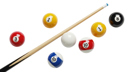 Billiard balls and cue stick isolated PNG with Transparent Background