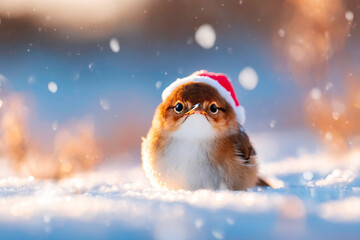 Adorable Dipper wearing festive Santa hat sitting in snowy yard