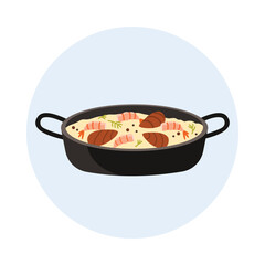 Traditional Spanish seafood paella in black pan on white background, isolated food vector illustration