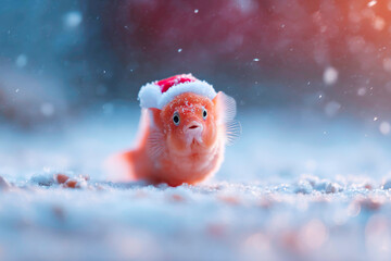 Adorable Discus wearing festive Santa hat sitting in snowy yard