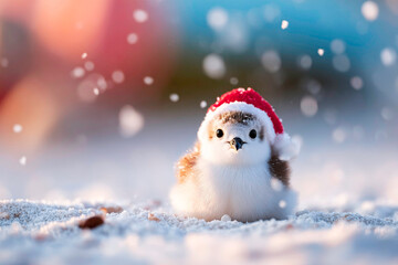 Adorable Diving Petrel wearing festive Santa hat in snowy yard