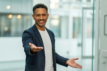 Friendly Middle‑Aged Man in Navy Blazer & White T‑Shirt — Smiling Office Portrait with Open‑Hand Gesture, Blurred Glass Bokeh Background, Copy Space for Landing Page/CTA