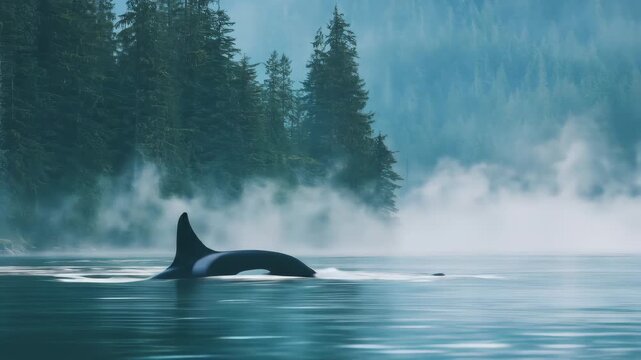 Observe a pod of orcas elegantly navigate through the tranquil waters of a misty fjord, their sleek silhouettes creating a striking scene of nature and wildlife.