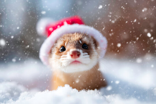 Adorable Desman wearing festive Santa hat sitting in snowy yard