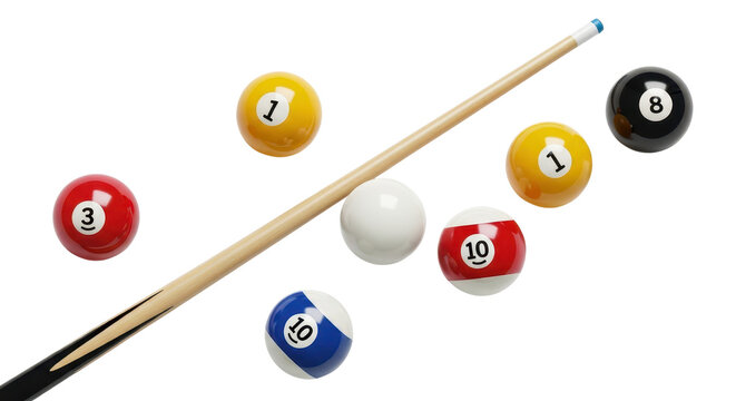 Billiard balls and cue stick isolated PNG with Transparent Background