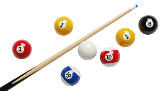 Billiard balls and cue stick isolated PNG with Transparent Background - Powered by Adobe