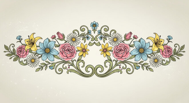 Decorative floral ornament with roses, lilies, daisies, and leaves in vintage style, perfect for wedding invitations, greeting cards, or any design project