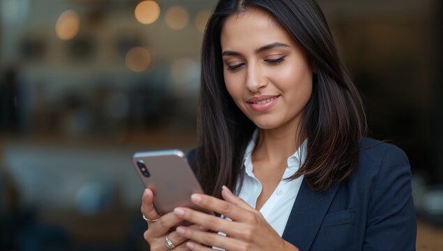 Using smartphone, Asian executive wearing business attire sitting office lounge, bokeh, copy space