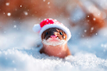 Adorable Eel wearing festive Santa hat sitting in snowy front yard