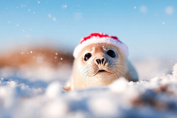 Adorable Elephant Seal wearing festive Santa hat in snowy yard