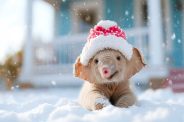 Adorable Elephant wearing festive Santa hat sitting in snowy yard