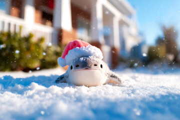 Adorable Fin Whale wearing festive Santa hat sitting in snowy yard