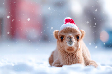 Cute Camel in Christmas hat posing in winter snow covered environment