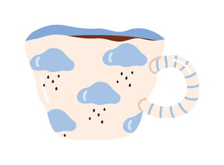 Whimsical blue and cream mug with playful spots and striped handle isolated vector illustration