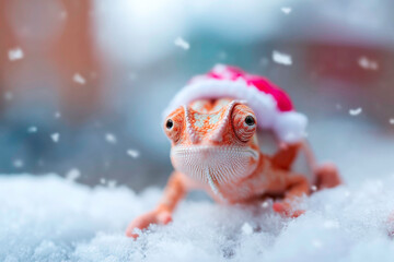 Cute Chameleon in Santa hat posing in winter snow covered landscape