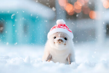 Cute Dolphin in Christmas hat posing in winter snow scene