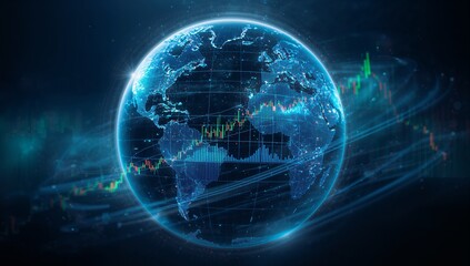 Obraz premium Digital Earth globe rotating in data dashboard, with 3D grid, candlestick and line graphs