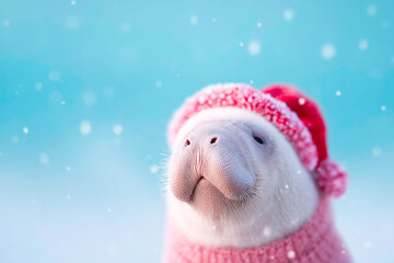 Cute Dugong in Christmas hat posing in winter snow environment
