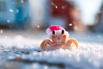 Cute Crab crustacean in Christmas hat posing in winter snow