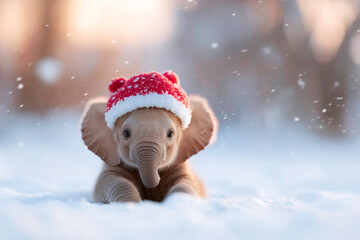Cute Elephant in Christmas hat posing in winter snow landscape