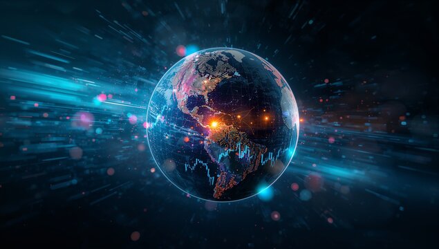 Displaying digital Earth globe rotating in space, with illuminated city lights and network nodes