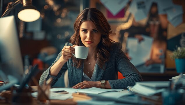 Sitting woman wearing grey blazer holding white coffee mug sorting papers at desk, with monitor