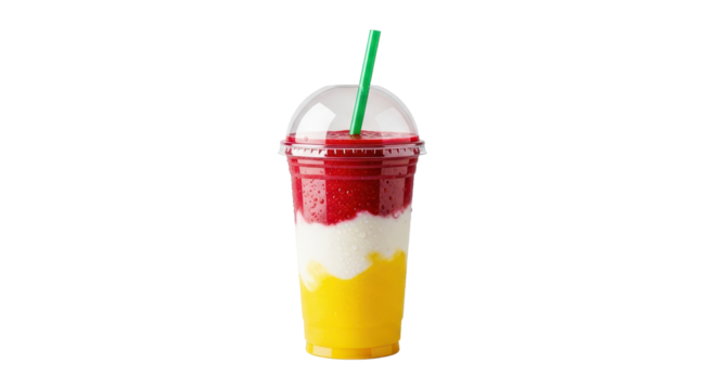 Layered fruit smoothie in a plastic cup with a straw isolated PNG with Transparent Background - Powered by Adobe