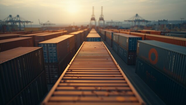 Stretching row of shipping containers toward gantry cranes at seaport, casting sunset shadows