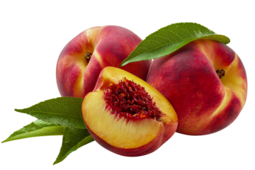 Ripe juicy peaches with green leaves isolated on transparent background