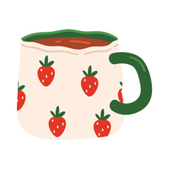 Whimsical mug with strawberry design and green handle on white isolated background vector illustration