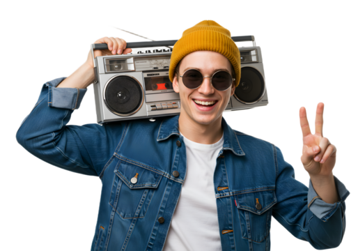 Smiling man in denim jacket and yellow beanie holding a retro boombox and showing a peace sign