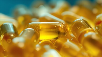 Showcasing translucent yellow capsule glowing on tabletop, with blurred capsules backdrop