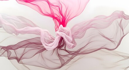 Elegant flowing fabric in shades of pink and white, creating a soft and dreamy effect, isolated on white background for versatile design applications