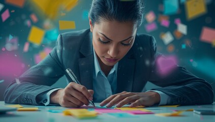 Writing businesswoman holding silver pen leaning over office desk, with floating neon sticky notes