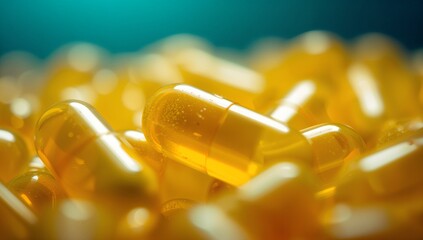 Highlighting translucent gel capsule pile reflecting studio lights in studio, supplement display
