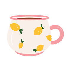 Isolated pink mug with yellow lemon pattern on white background for kitchen decor vector illustration