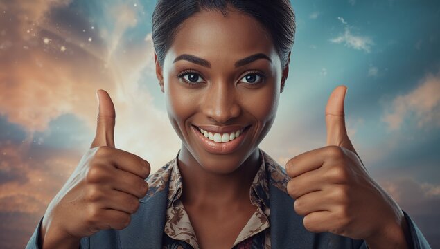 Smiling businesswoman in blazer giving thumbs-up gesture in studio, with pastel sky background
