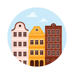 Traditional Netherlands canal houses in a round icon style on an isolated white background vector illustration